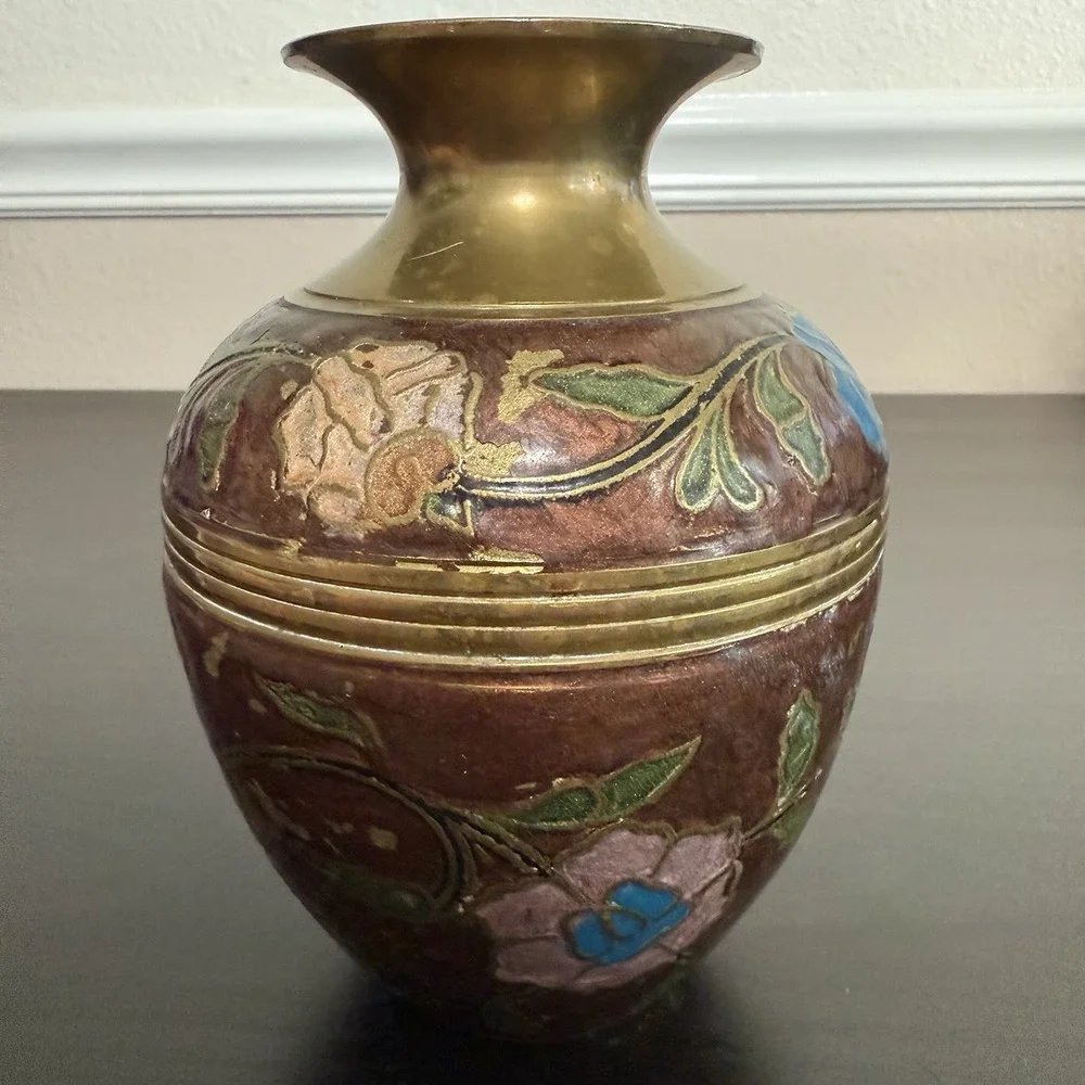 Vintage Brass Vase Floral‎ Design Enameled Hand Painted Flowers India Bud Vase